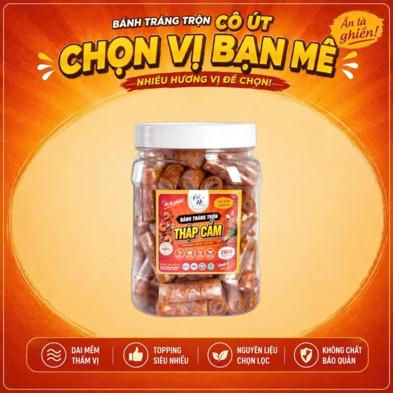 Bánh Tráng Trộn Cuộn (Cuốn) Thập Cẩm Đặc Sản Long An 200g - Cô Út - Hũ Vuông Topping Siêu Nhiều