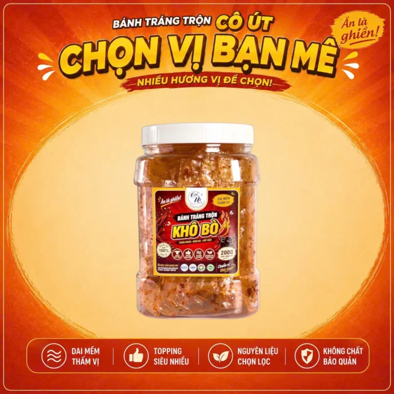 Bánh Tráng Trộn Khô Bò Đặc Sản Long An 200g - Cô Út - Hũ Vuông Dai Mềm Thấm Vị