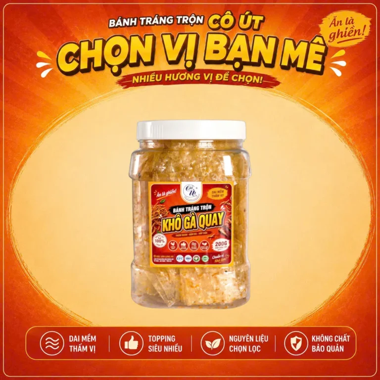 Bánh Tráng Trộn Khô Gà Quay Đặc Sản Long An 200g - Cô Út - Hũ Vuông Dai Mềm Thấm Vị