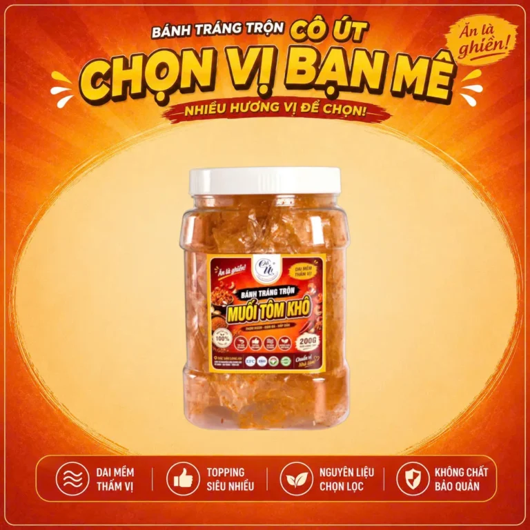 Bánh Tráng Trộn Muối Tôm Khô Đặc Sản Long An 200g - Cô Út - Hũ Vuông Dai Mềm Thấm Vị