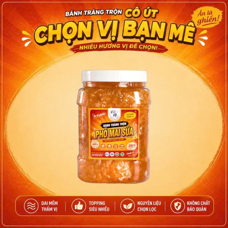Bánh Tráng Trộn Phô Mai Sữa Đặc Sản Long An 200g - Cô Út - Hũ Vuông Dai Mềm Thấm Vị