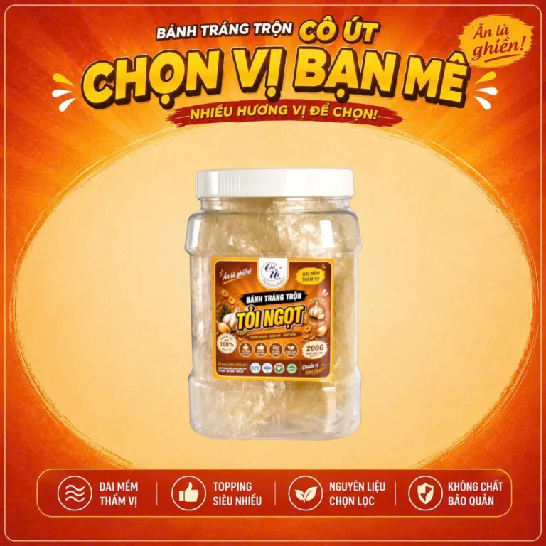Bánh Tráng Trộn Tỏi Ngọt Đặc Sản Long An 200g - Cô Út - Hũ Vuông Dai Mềm Thấm Vị